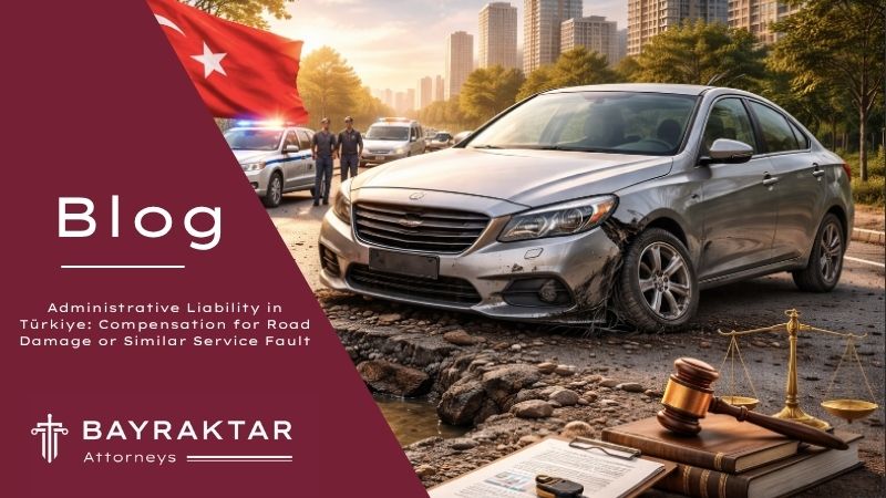 Car damaged by a large pothole on a city road in Türkiye with visible road defect and accident scene