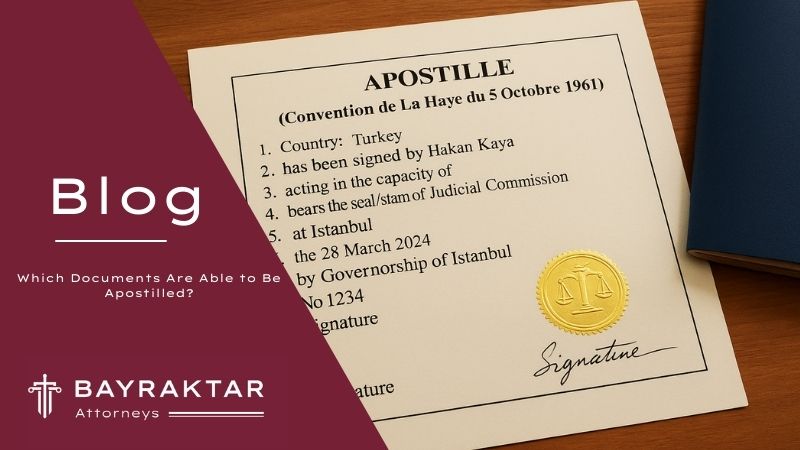 ["A high-resolution photograph displays an Apostille certificate attached to a translated document, showing stamps and signatures, with official-looking paperwork on a wooden desk in a legal office."]