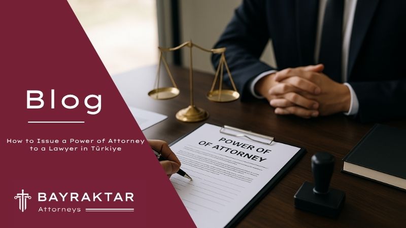 ["A realistic photograph of a legal consultation in Türkiye, showing a lawyer and a client signing a Power of Attorney document at a notary office desk with scales of justice and official documents."]