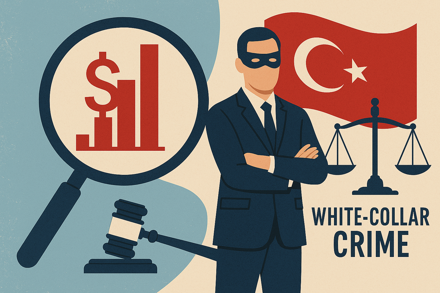 Conceptual illustration representing white-collar crime in Türkiye, showing a masked businessman beside a Turkish flag, magnifying glass, financial chart, gavel, and scales of justice symbolizing investigation and legal accountability