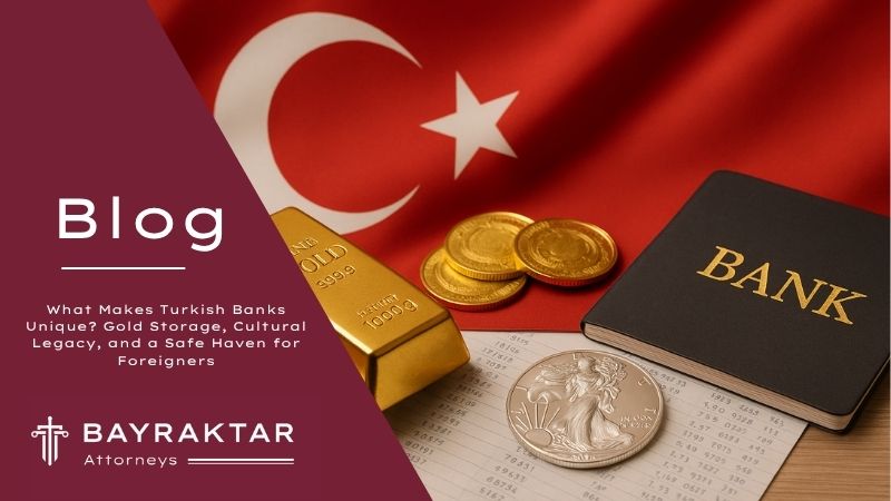 ["A photograph showcases various financial elements in a Turkish bank, including gold bars, Turkish lira banknotes, and traditional Ottoman design patterns, representing the secure storage of precious metals and money for both locals and foreigners."]