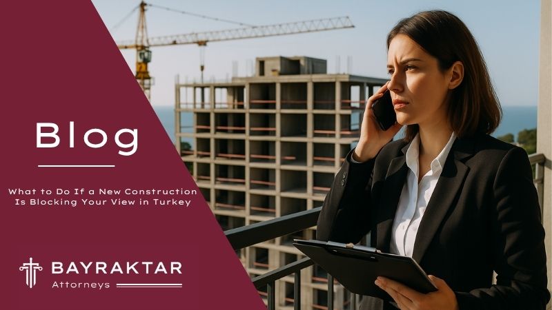 ["A concerned woman in business attire stands on a balcony, observing a high-rise construction blocking the coastal view, symbolizing legal disputes over zoning and building rights in Türkiye."]