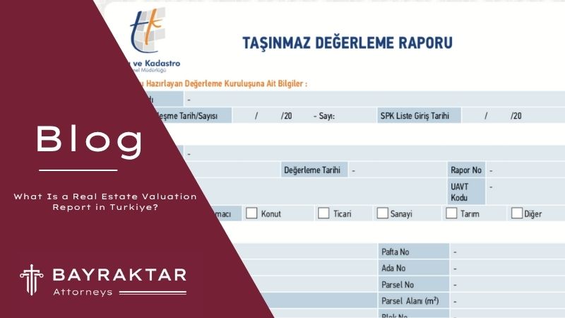 ["Image shows a property valuation report, including a tablet displaying building data, blueprints, and a digital pen, representing real estate appraisal procedures in Türkiye."]