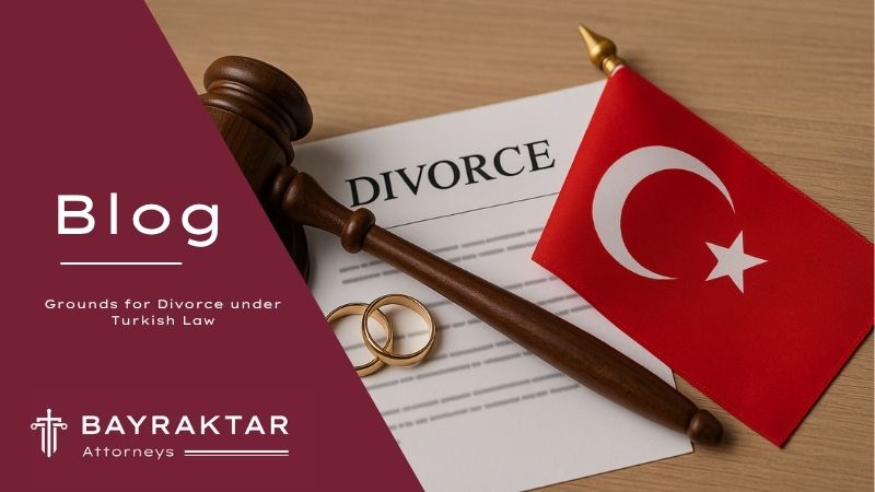 ["A gavel, separated wedding rings, and Turkish legal documents with a Turkish flag, symbolizing the legal consequences of divorce in Türkiye"]