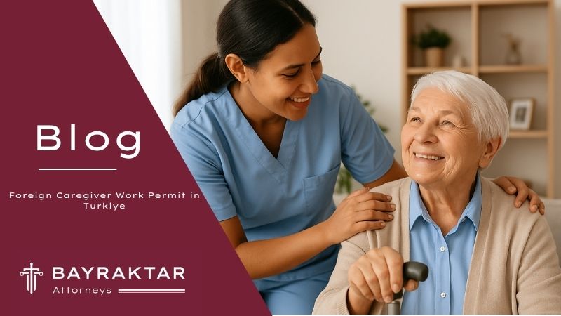A photograph captures a light brown-skinned foreign caregiver assisting an elderly Turkish woman at home, symbolizing legal foreign caregiver employment in Türkiye.