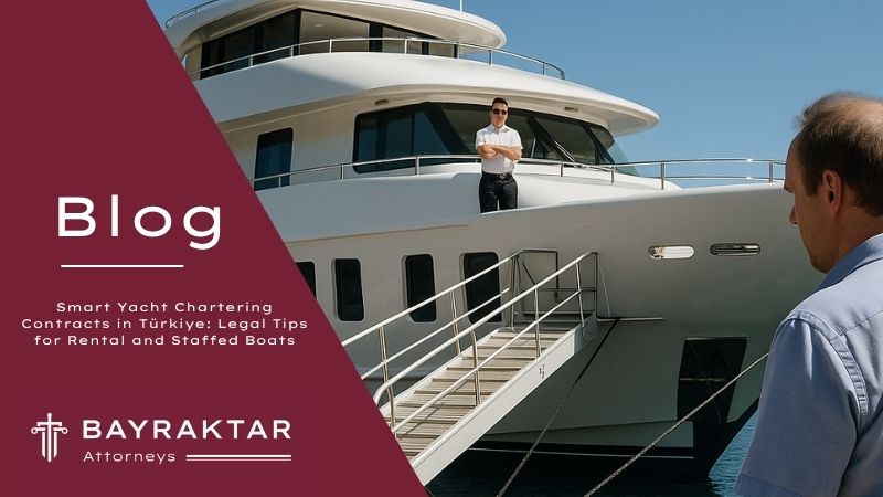 ["A high-resolution photograph of a luxurious white yacht docked at a Turkish marina, with a captain standing on deck and a man observing from the dock, capturing the context of yacht chartering contracts.      Ask ChatGPT"]