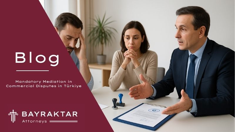 ["A professional mediation session in Türkiye with a mediator guiding two business parties across a table, with official documents and stamps present."]