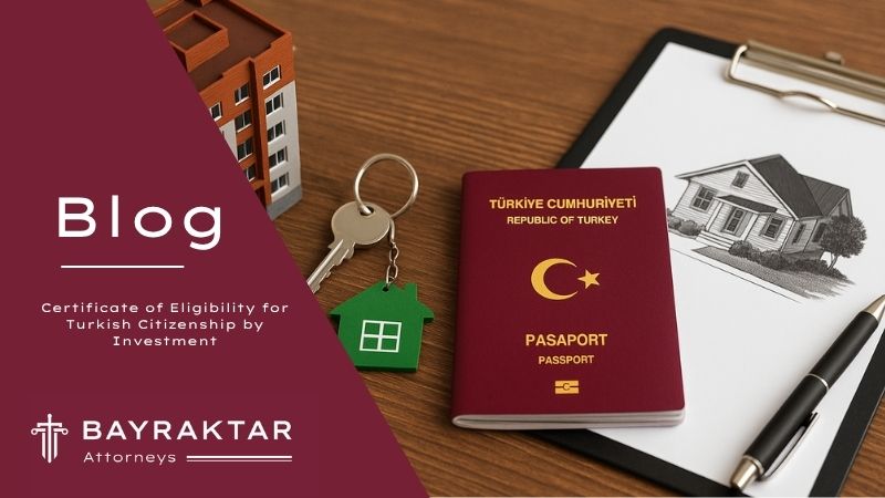 ["A photograph displays various items related to real estate transactions, including a model house, apartment keys, and a burgundy Turkish passport, all arranged on a table with a clean background."]