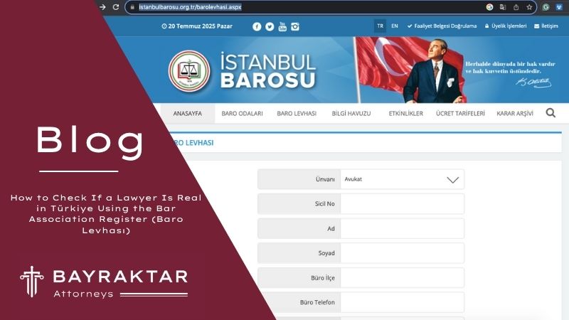 ["Screenshot of the Istanbul Bar Association website showing the Baro Levhası lawyer search page for verifying licensed attorneys in Türkiye."]