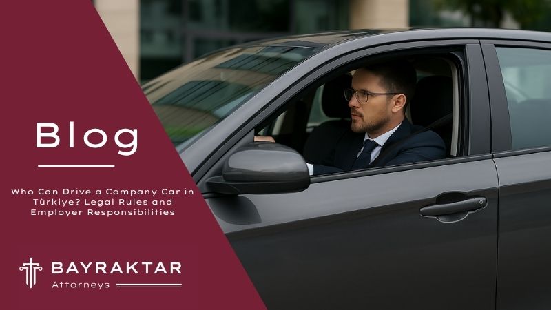 ["A professional man in a suit driving a company car in front of an office building in Türkiye, symbolizing legal compliance and authorized vehicle use."]