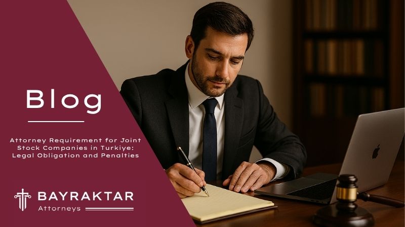 ["A professional male attorney seated at a desk with legal symbols around him, drafting documents related to joint stock company legal obligations in Türkiye."]