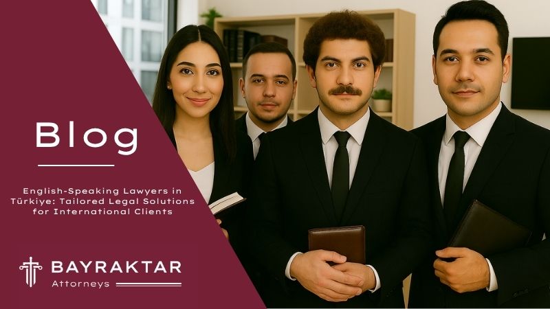 ["A digital photograph features four professionally dressed lawyers in an office setting, including one woman holding a book and three men in black suits, standing in front of bookshelves and modern office decor."]
