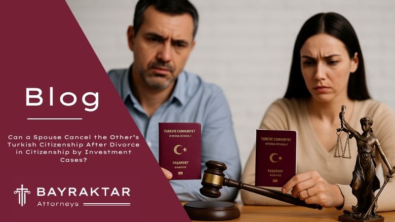 ["A divorced couple in Türkiye holding Turkish passports with a gavel and Lady Justice statue on the table, symbolizing divorce and citizenship issues"]