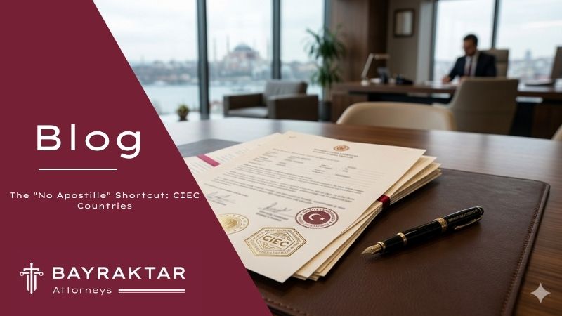 Official multilingual CIEC documents and apostilled legal papers on a wooden desk in a Turkish law office overlooking the Bosphorus, Istanbul.