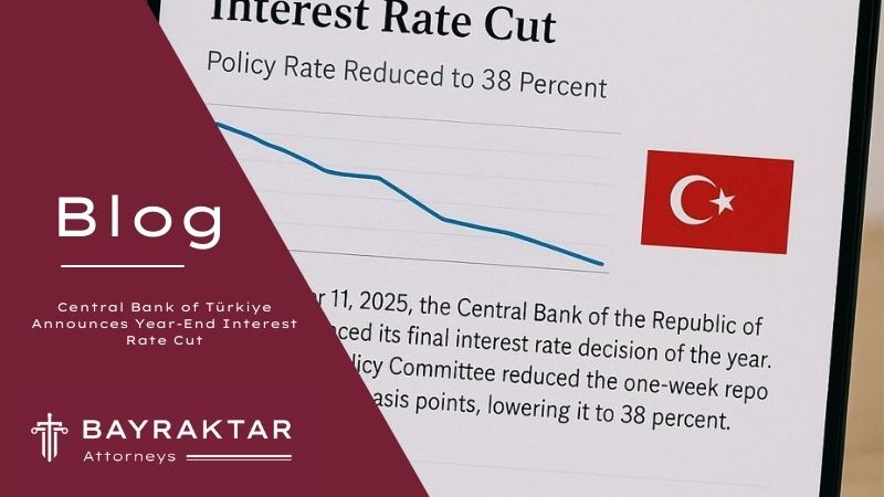 Horizontal image illustrating the Central Bank of Türkiye’s December 2025 interest rate decision, showing a downward interest rate chart with Turkish flag symbolism, without any text on the image
