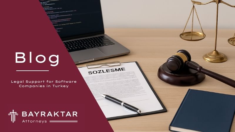 A legal office desk with a contract titled “Sözleşme,” a gavel, scales of justice, a closed legal book, and a laptop displaying code on the screen.