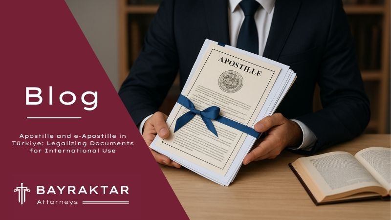 A digital photograph captures a legal professional in a dark suit holding a bundle of documents labeled "Apostille," tied with a blue ribbon, with a law book on a desk.