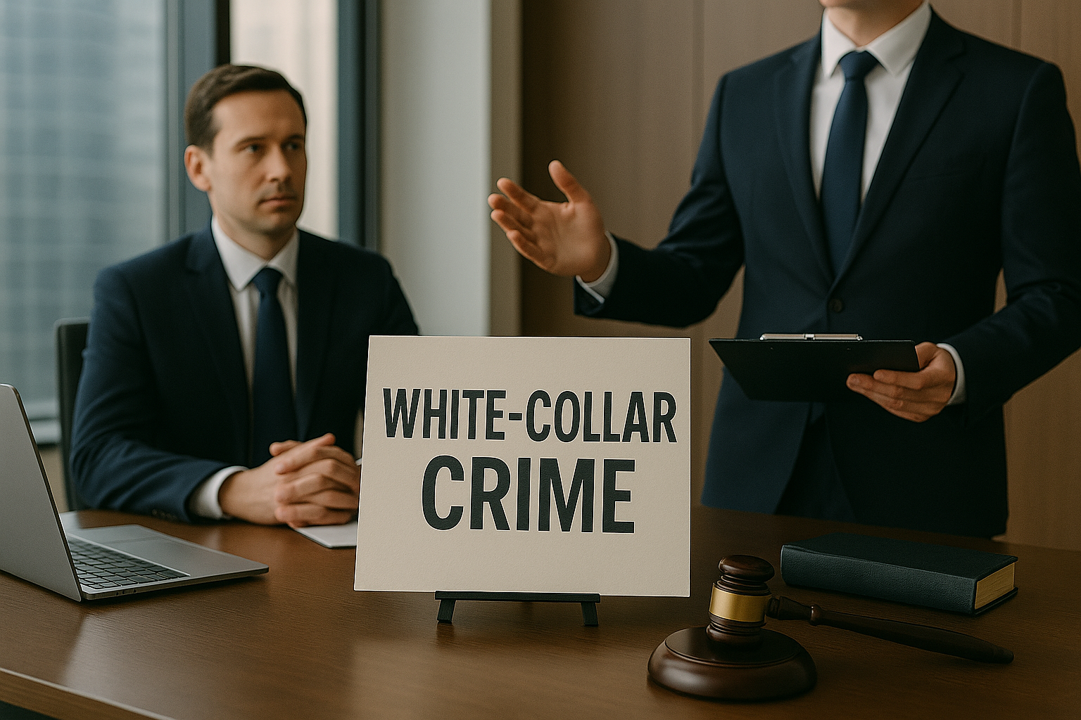 Two professionals in a modern Istanbul office discussing a white-collar crime case, with legal documents, a gavel, and a sign symbolizing financial crime investigation in Türkiye.