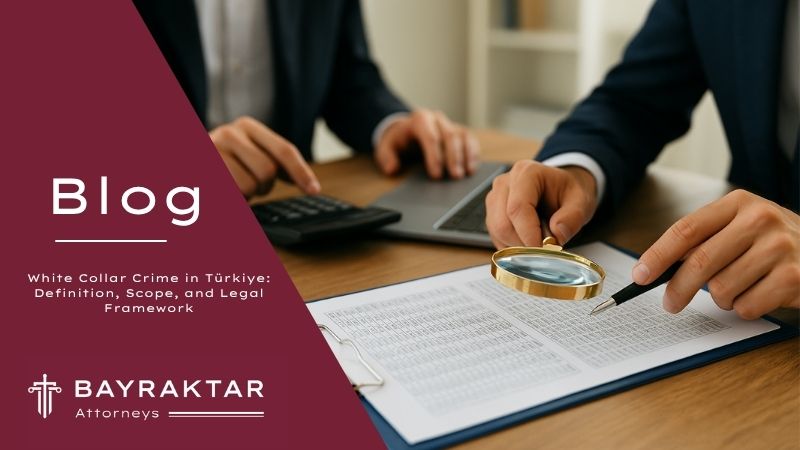 Two professionals reviewing financial data with a magnifying glass and calculator, symbolizing white collar crime investigation and corporate fraud analysis in Türkiye