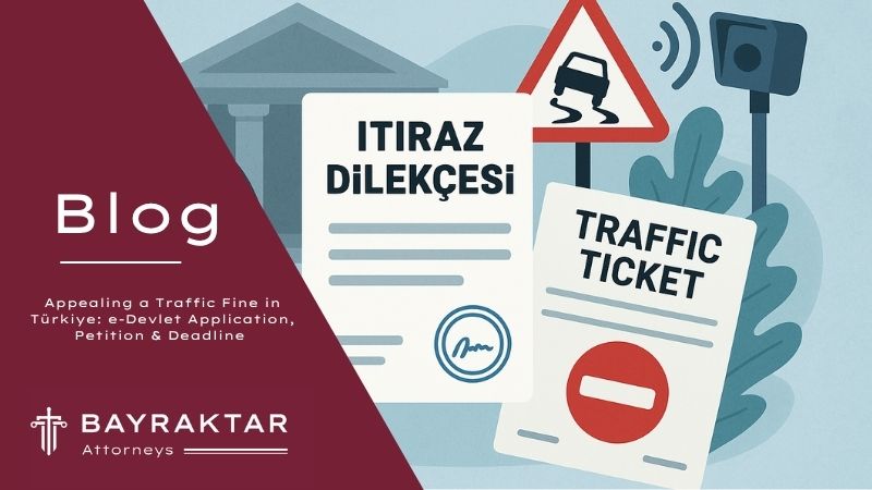 ["A digital illustration showing traffic ticket objection documents, a hooded person at a laptop, and traffic signs representing the appeal process in Türkiye."]