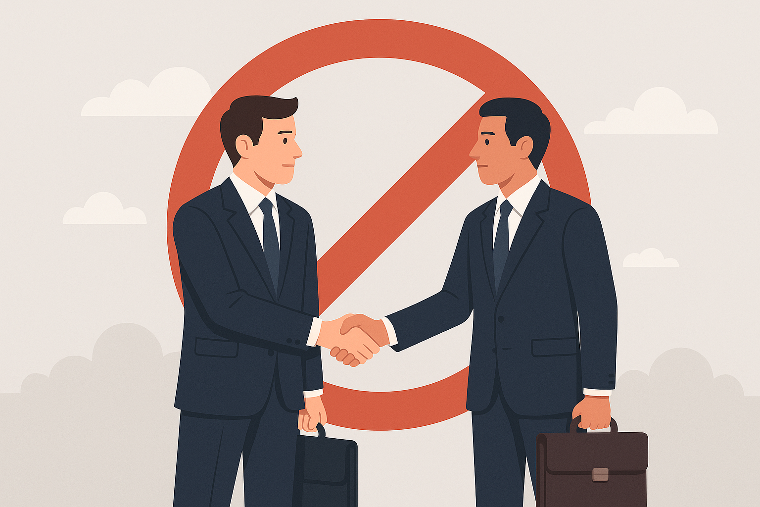 Concept illustration representing non-compete agreements in corporate law, showing two businessmen shaking hands in front of a red prohibition sign, symbolizing restrictions on competition between shareholders and board members.
