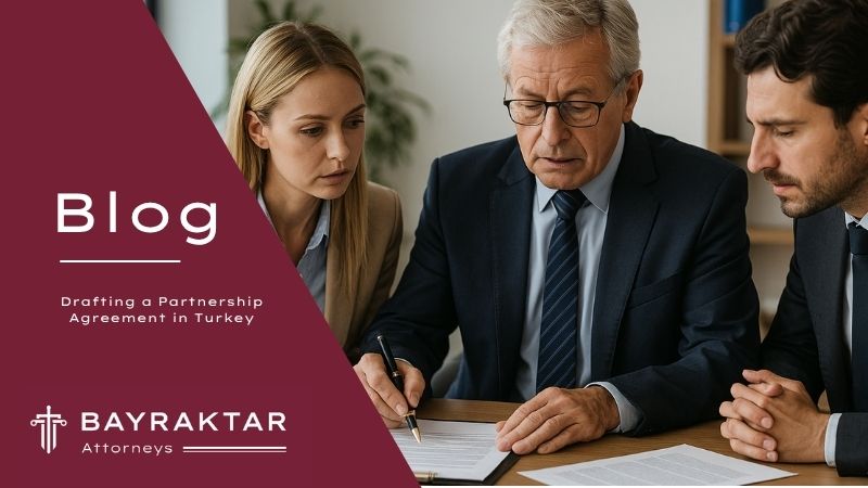A photograph captures three light-skinned professionals sitting at a conference table, reviewing a partnership agreement document in Turkiye