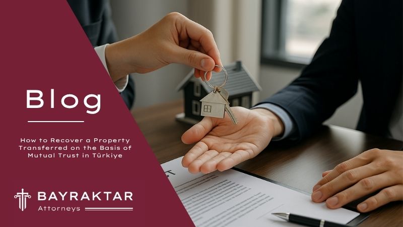 Two business professionals exchanging house keys over a real estate contract, symbolizing property recovery and fiduciary transfer under Turkish law