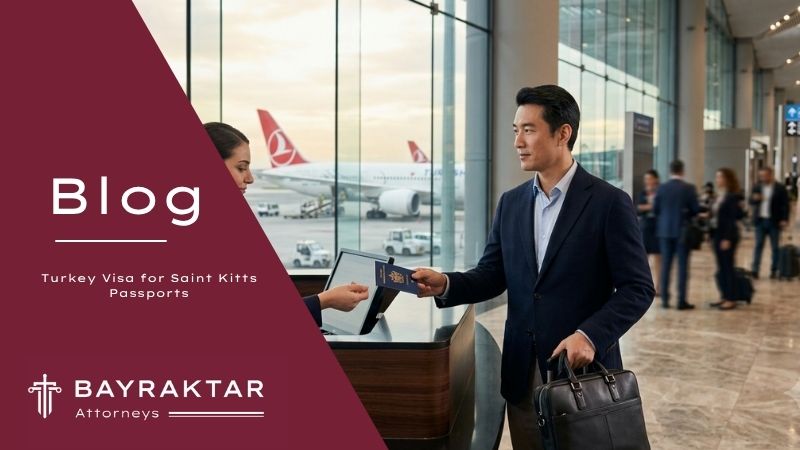 A Chinese investor presenting a Saint Kitts and Nevis passport at an international premium travel counter, illustrating new Turkish visa entry requirements managed by Bayraktar Attorneys
