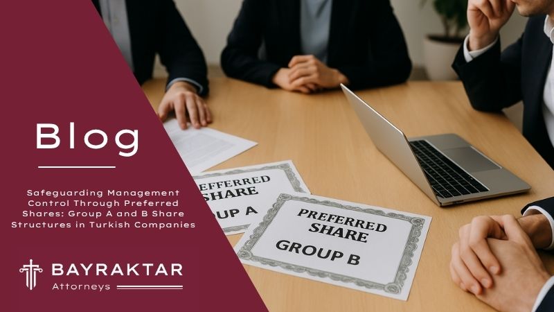 ["A photograph depicts four professionals gathered around a sleek office table, examining documents and graphs representing corporate shareholding structures, symbolizing strategic control through preferred share groups."]