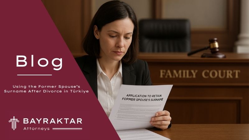 A woman signing an application in a Turkish family court to retain her former husband’s surname after divorce, symbolizing post-divorce surname rights in Türkiye.